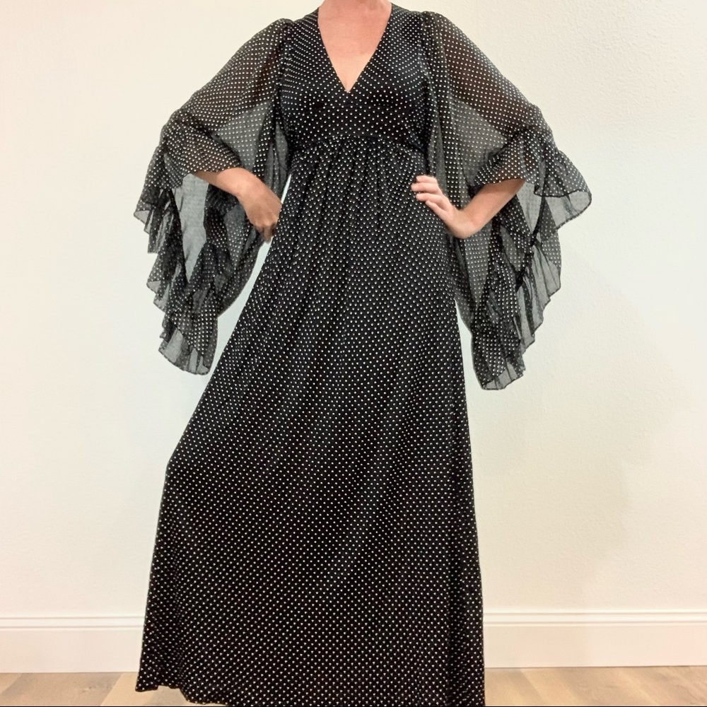 Vintage 1970’s Angel sleeve maxi dress polka dot